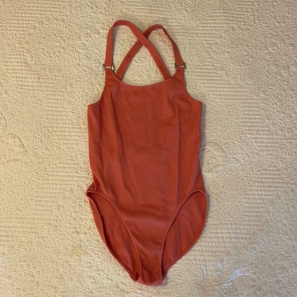 Pink Ribbed Crossback Bodysuit, Urban Outfitters